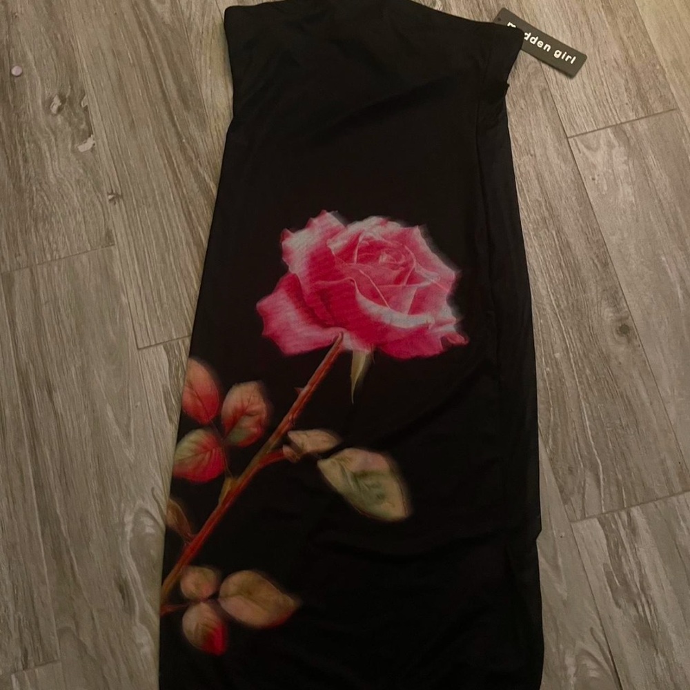 Madden Girl Strapless Black Dress with Pink Rose